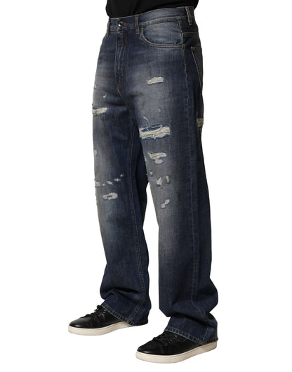 Dolce & Gabbana Blue Tattered Straight-Leg Denim Jeans
