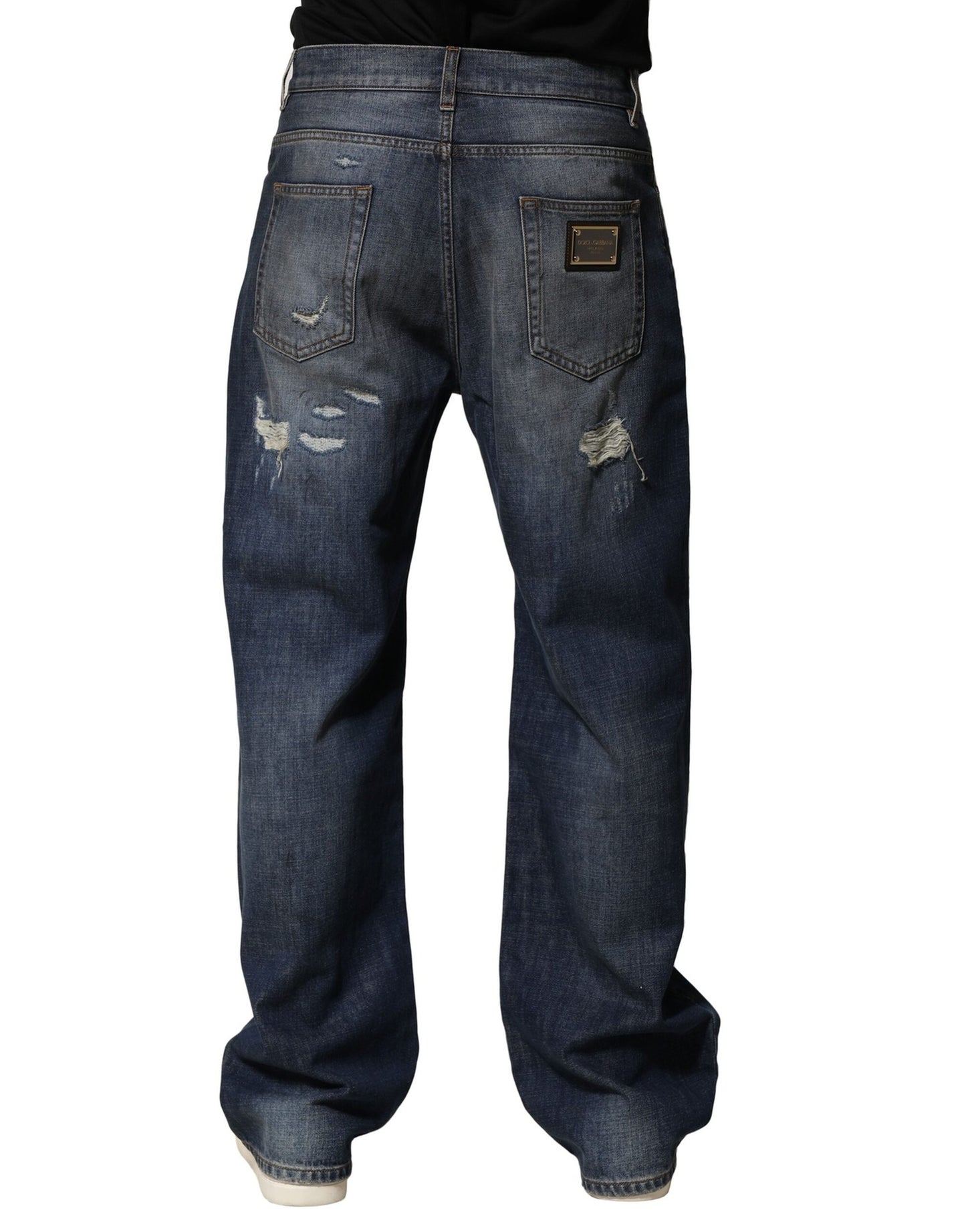 Dolce & Gabbana Blue Tattered Straight-Leg Denim Jeans