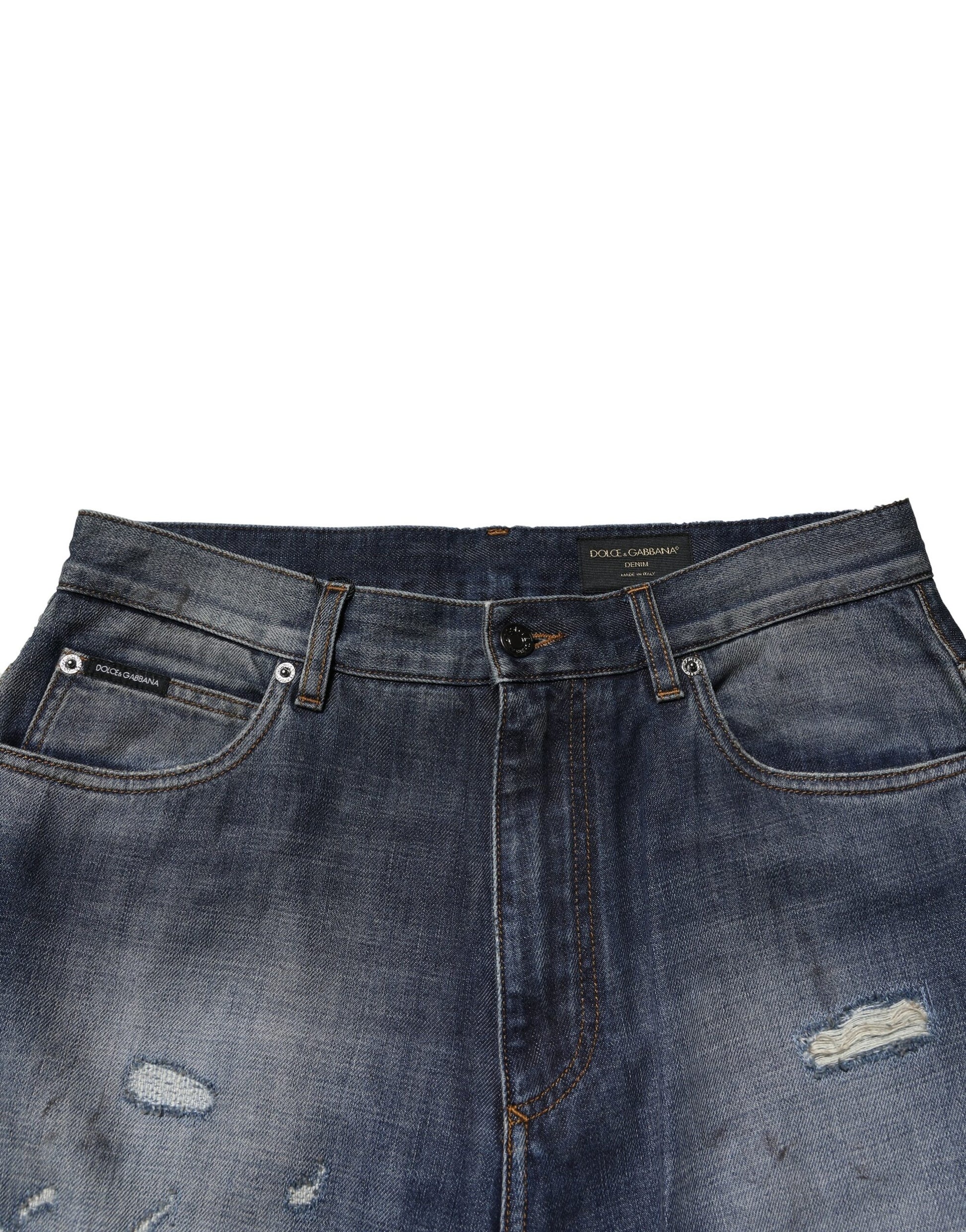 Dolce & Gabbana Blue Tattered Straight-Leg Denim Jeans
