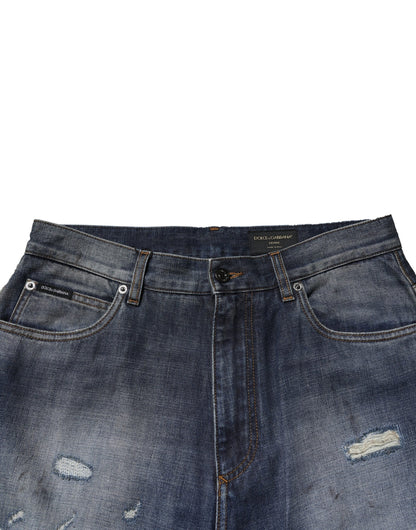 Dolce & Gabbana Blue Tattered Straight-Leg Denim Jeans