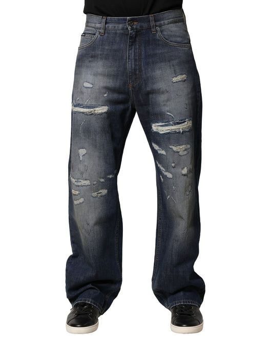 Dolce & Gabbana Blue Tattered Straight-Leg Denim Jeans