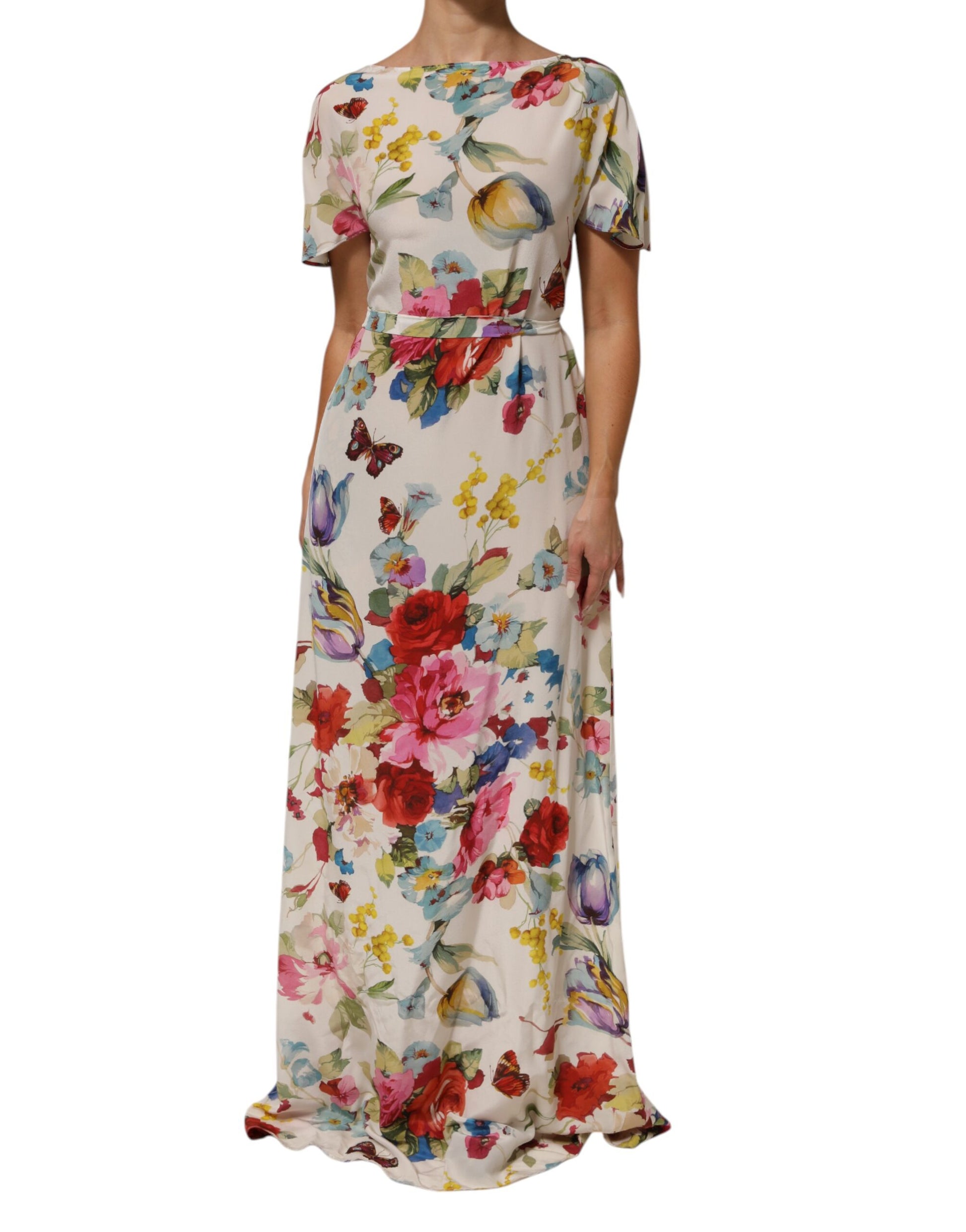 Dolce & Gabbana White Floral Print Silk Sheath Long Gown Dress
