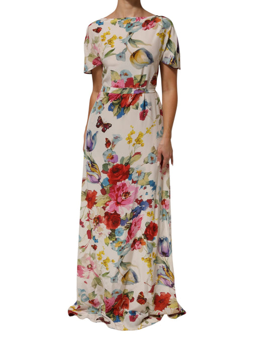 Dolce & Gabbana White Floral Print Silk Sheath Long Gown Dress