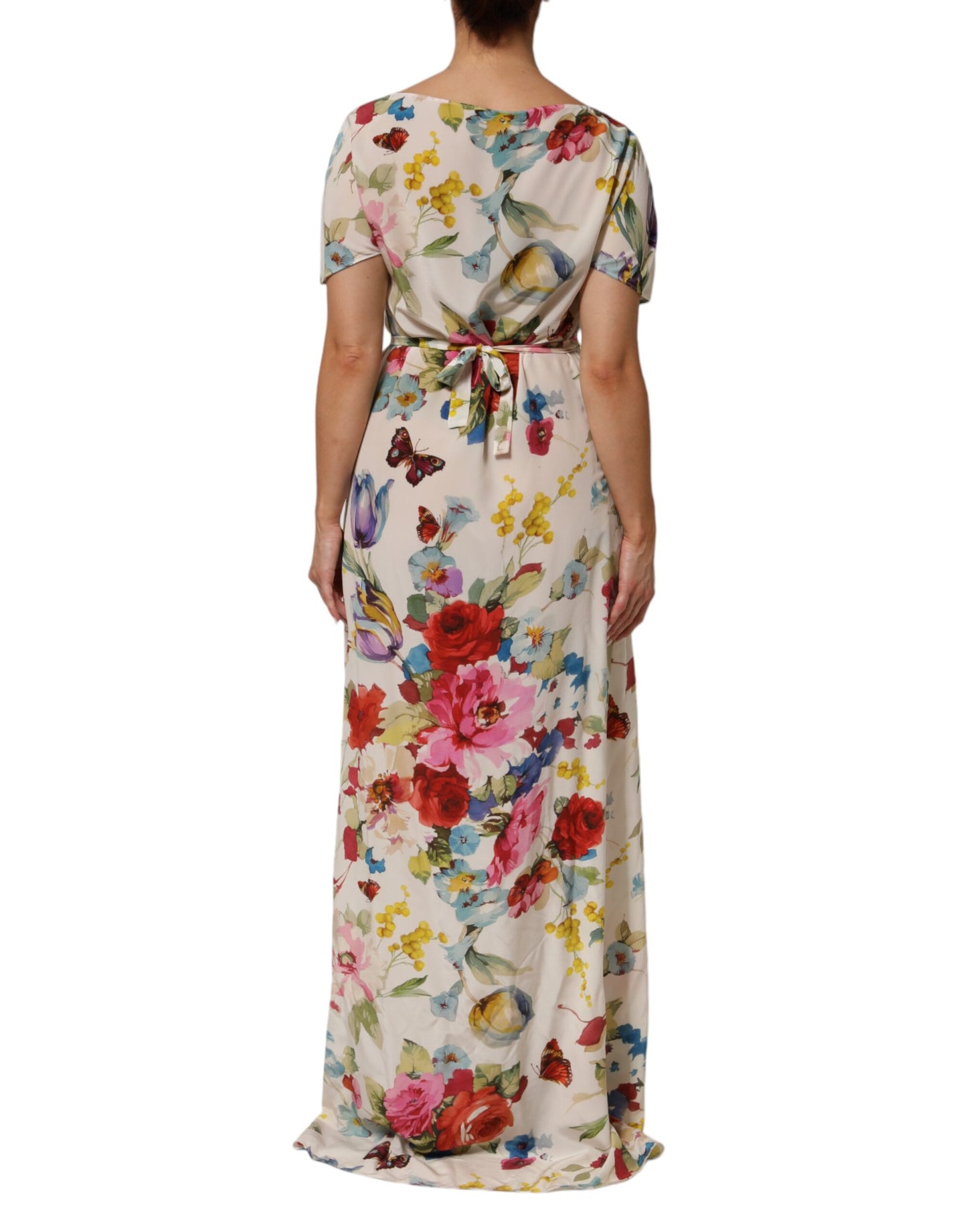 Dolce & Gabbana White Floral Print Silk Sheath Long Gown Dress