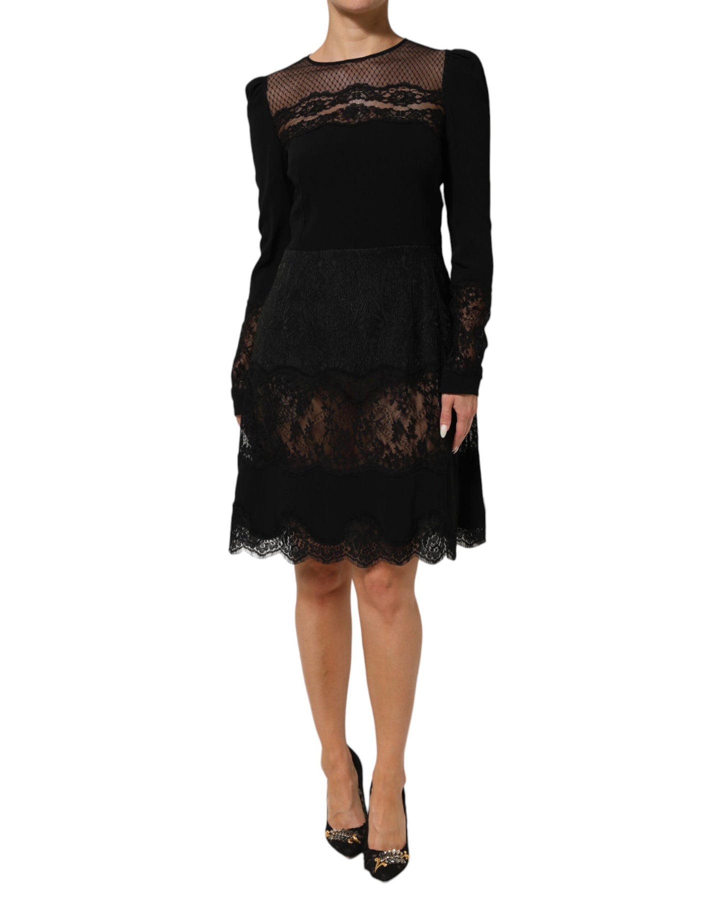 Dolce & Gabbana Black Floral Lace Trim Sheath A-line Dress