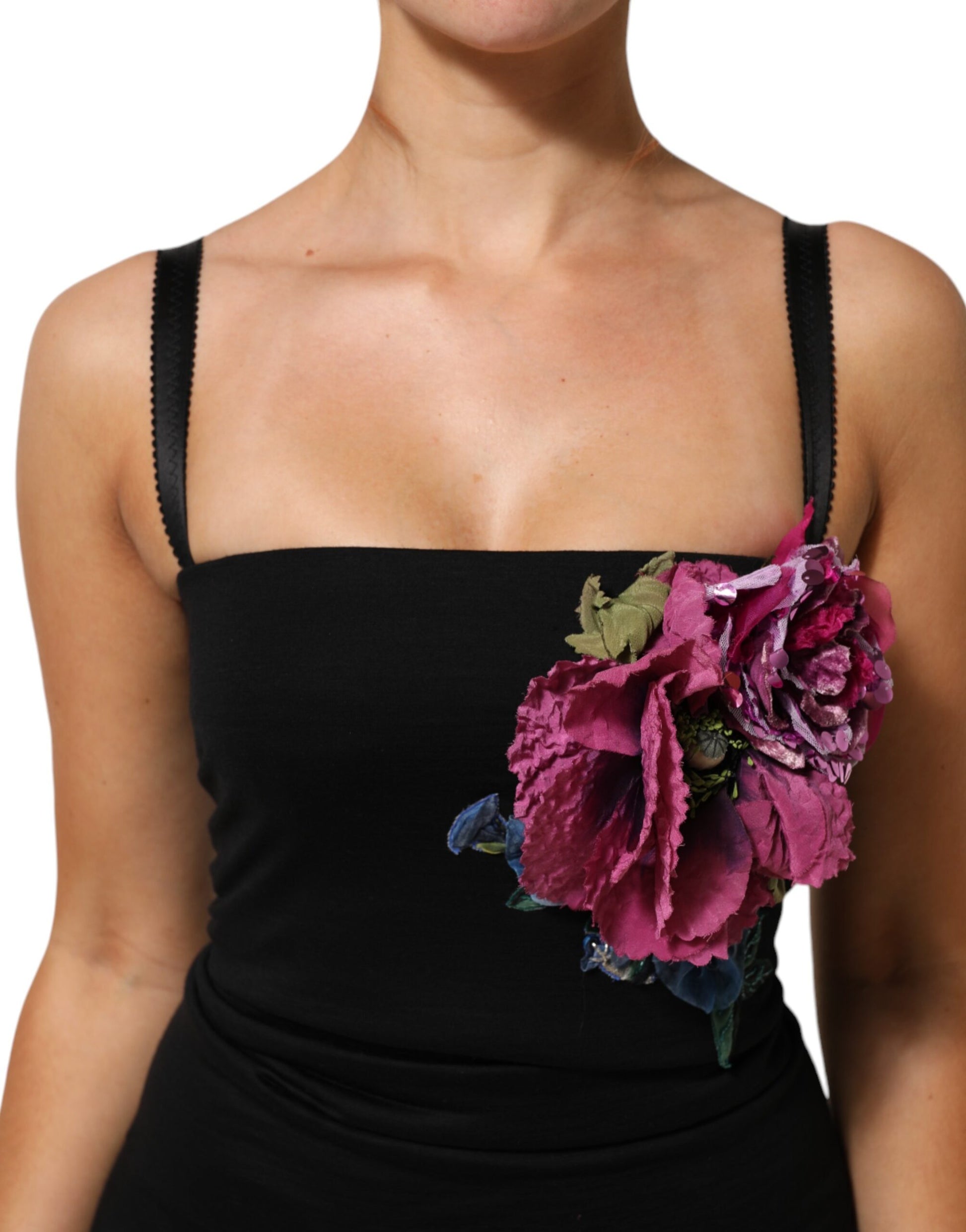 Dolce & Gabbana Black Flower Appliqués Bodycon Sheath Dress