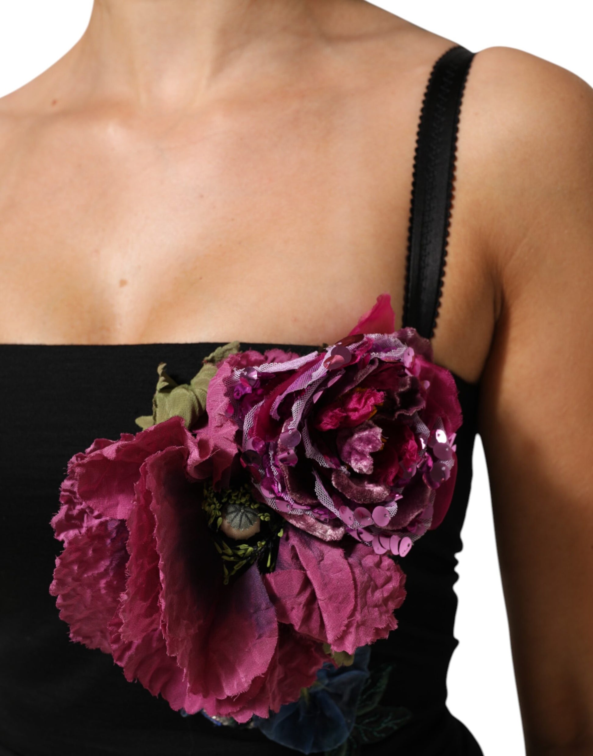 Dolce & Gabbana Black Flower Appliqués Bodycon Sheath Dress