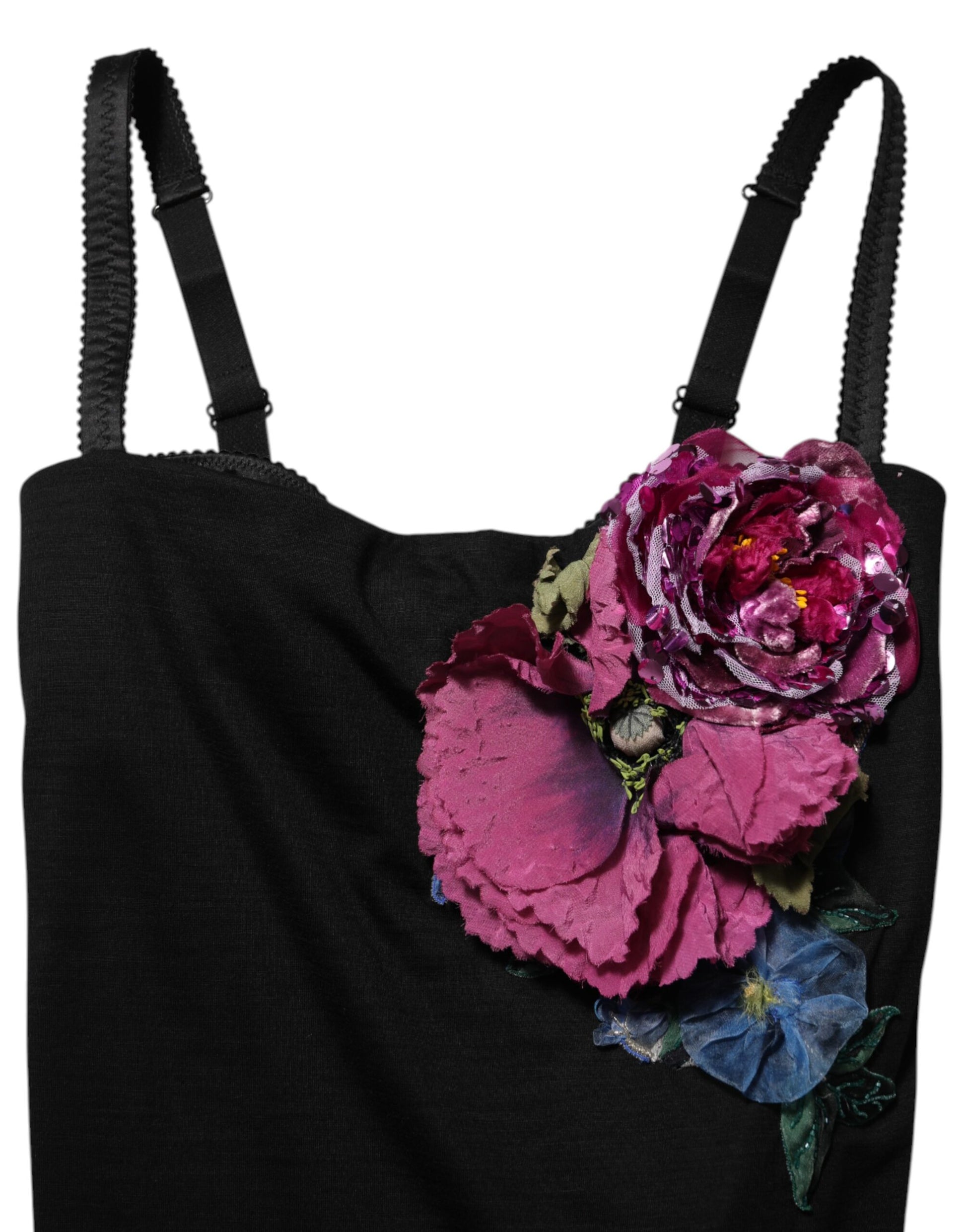 Dolce & Gabbana Black Flower Appliqués Bodycon Sheath Dress