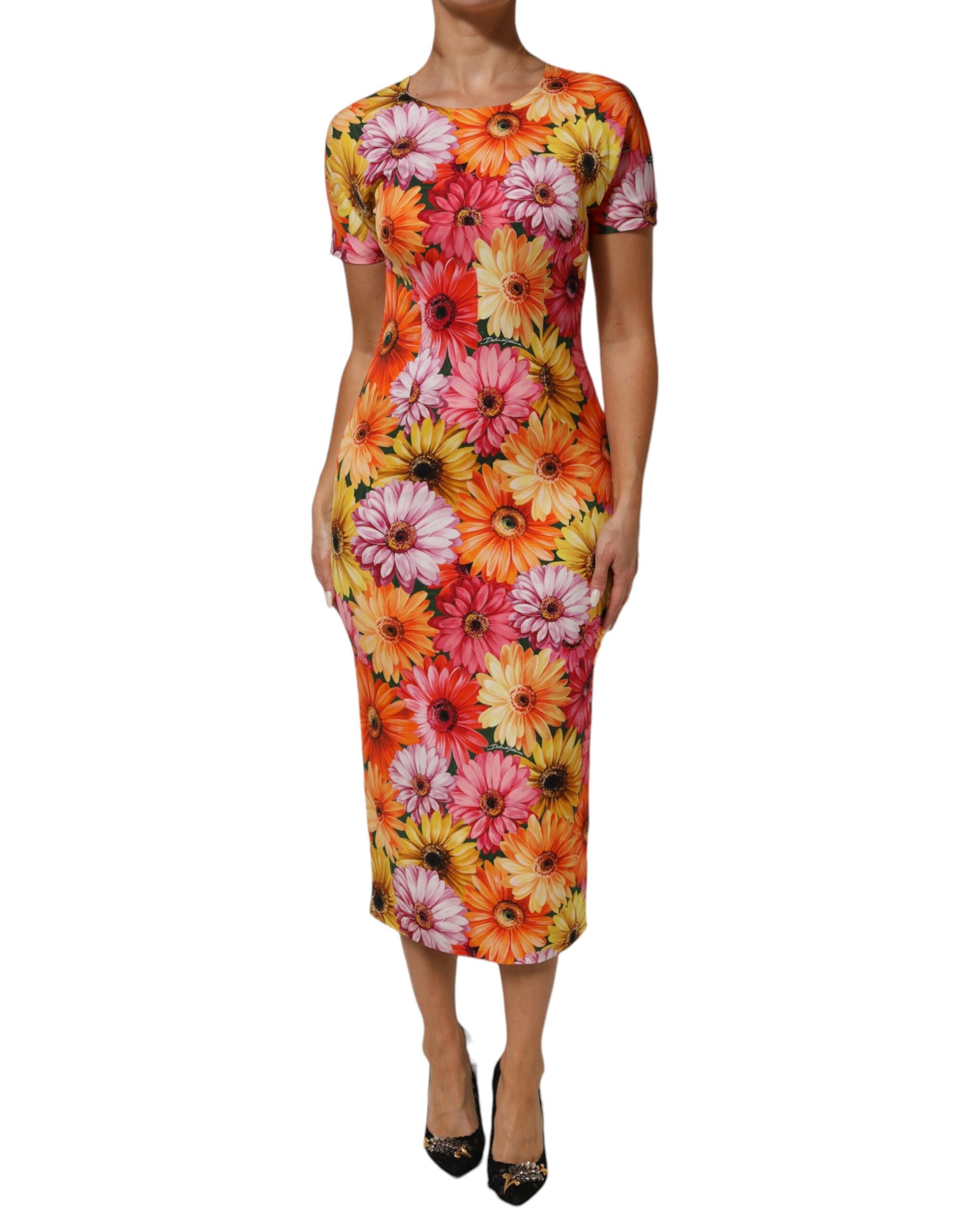 Dolce & Gabbana Multicolor Floral Print Silk Sheath Midi Dress