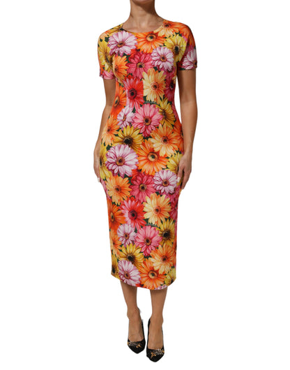 Dolce & Gabbana Multicolor Floral Print Silk Sheath Midi Dress