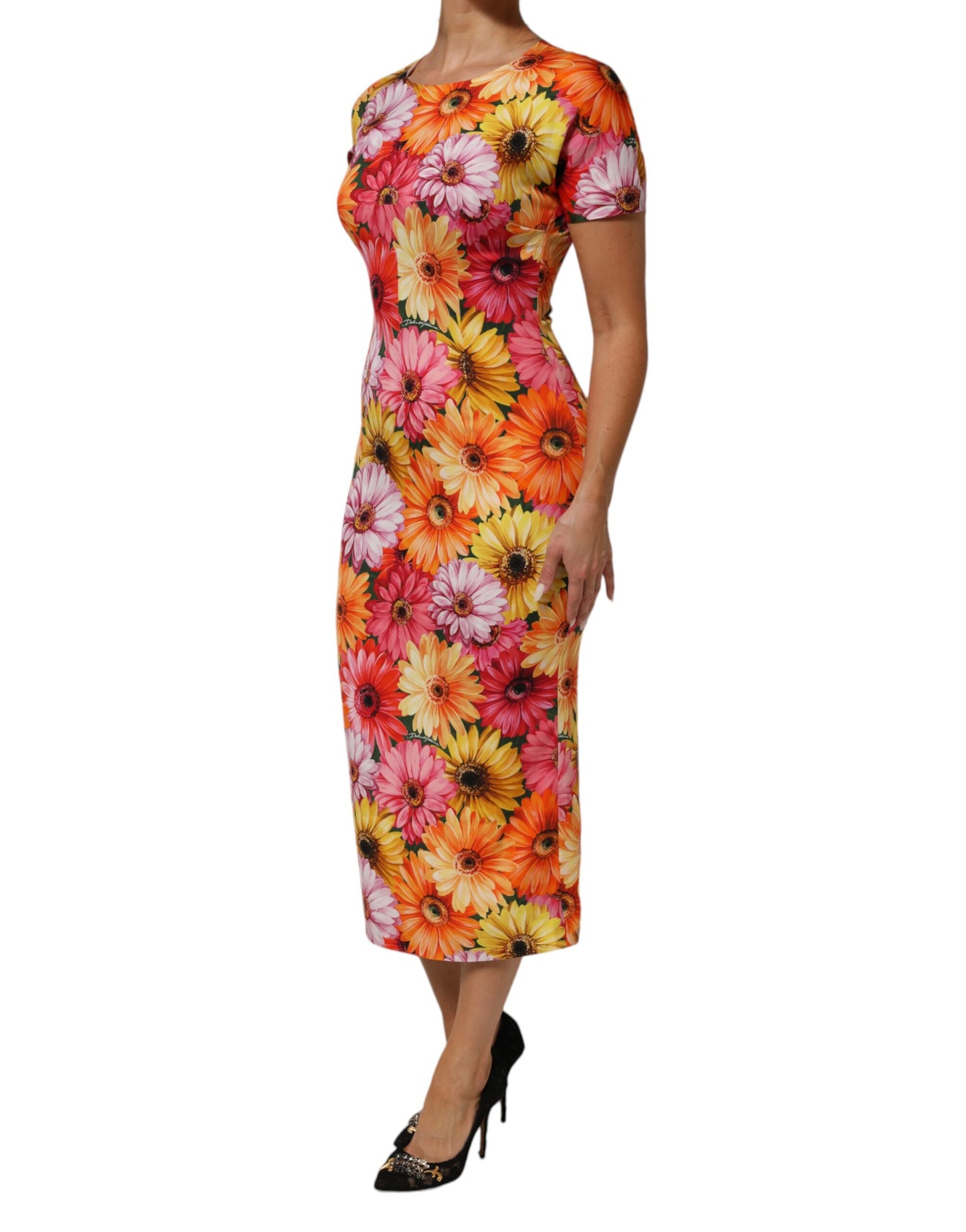 Dolce & Gabbana Multicolor Floral Print Silk Sheath Midi Dress