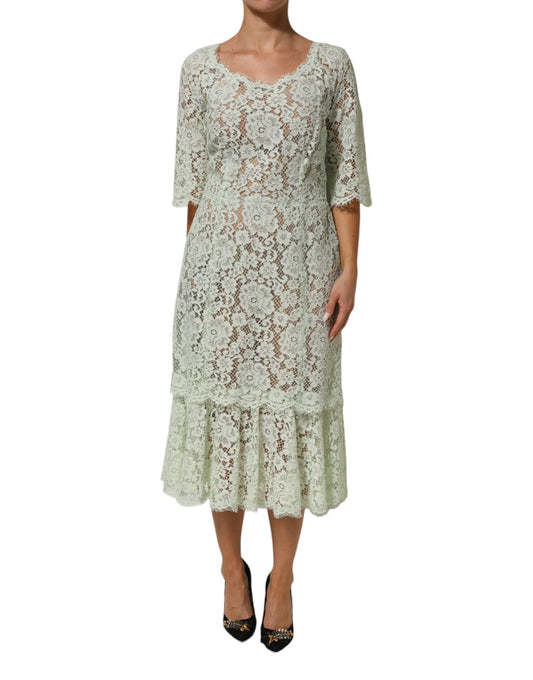 Dolce & Gabbana Mint Green Floral Lace Trim Midi Dress