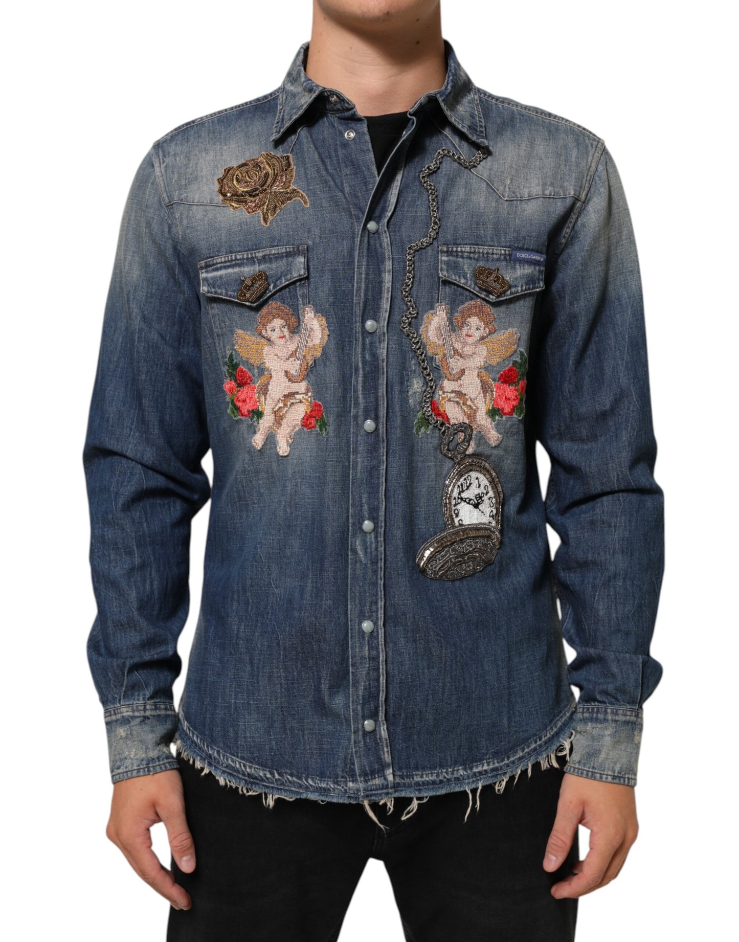 Dolce & Gabbana Blue Angel Patch Denim Buttoned Down Men's Shirt