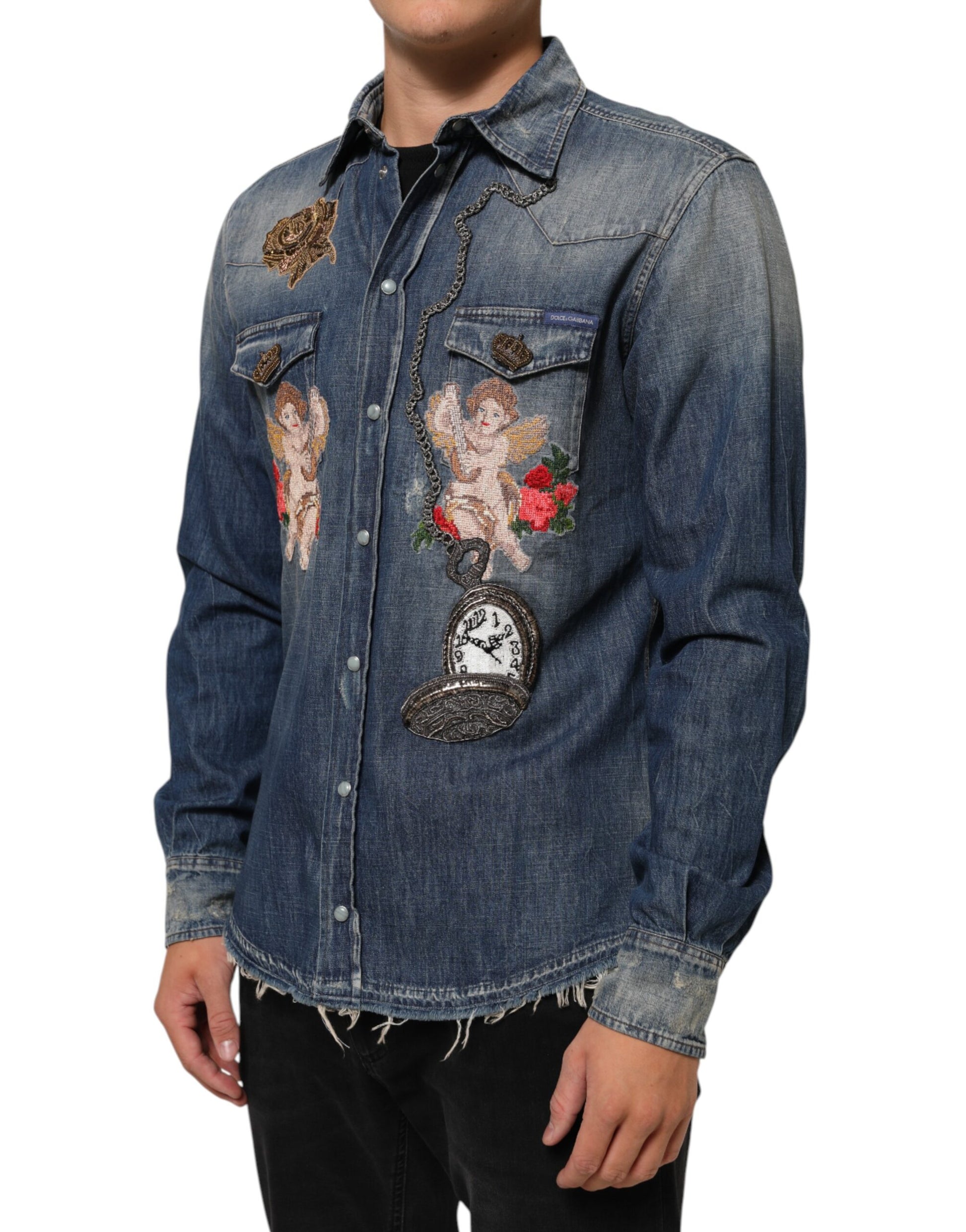 Dolce & Gabbana Blue Angel Patch Denim Buttoned Down Men's Shirt