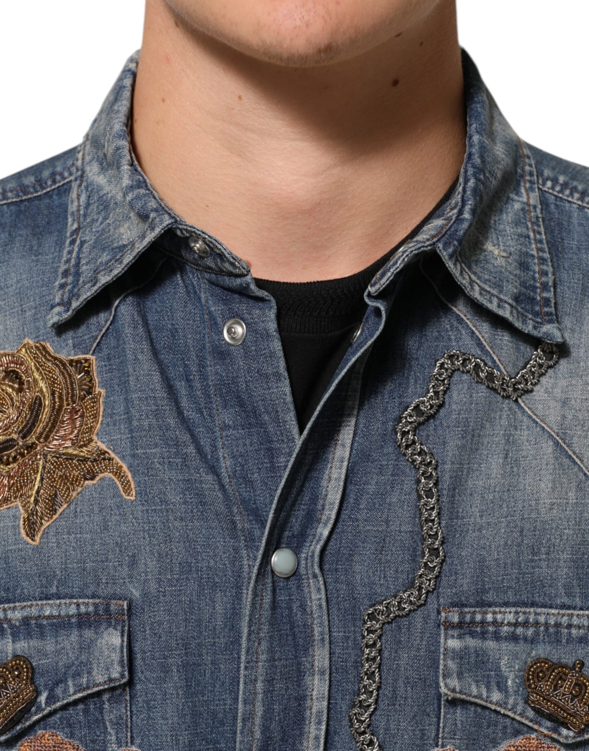 Dolce & Gabbana Blue Angel Patch Denim Buttoned Down Men's Shirt