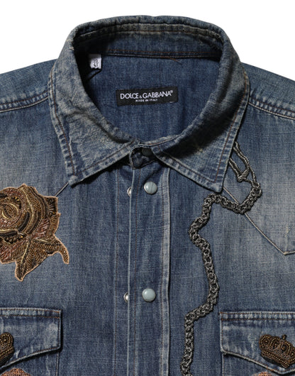 Dolce & Gabbana Blue Angel Patch Denim Buttoned Down Men's Shirt
