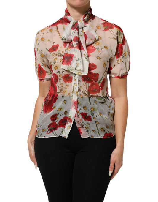Dolce & Gabbana White Floral Tie-Neck Poppy Print Blouse