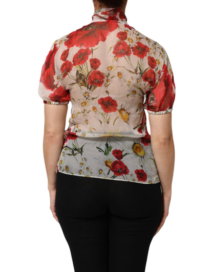 Dolce & Gabbana White Floral Tie-Neck Poppy Print Blouse