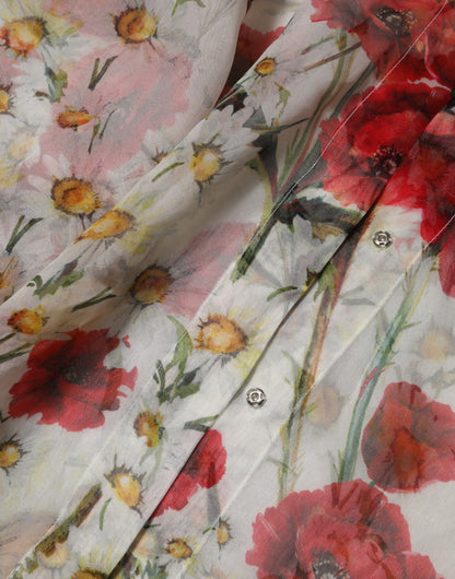 Dolce & Gabbana White Floral Tie-Neck Poppy Print Blouse
