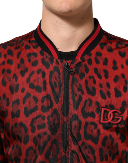 Dolce & Gabbana Red Leopard Print Full Zip Bomber Jacket