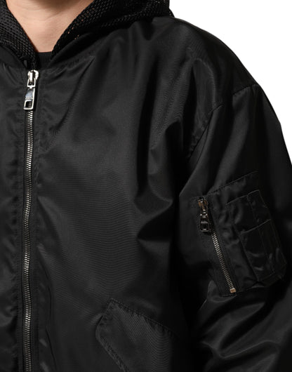 Dolce & Gabbana Black Nylon Hooded Full Zip Bomber Jacket for Men