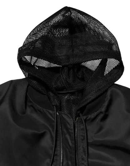 Dolce & Gabbana Black Nylon Hooded Full Zip Bomber Jacket for Men