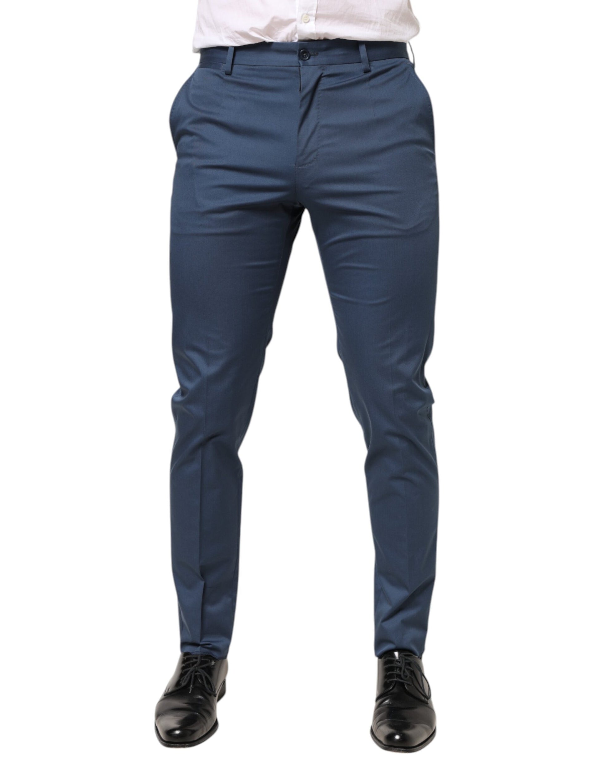 Dolce & Gabbana Blue Cotton Mid Waist Dress Trouser Pants