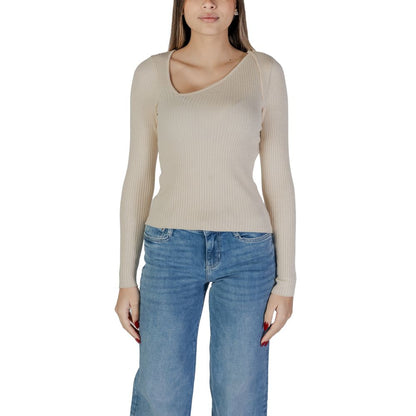 Vila Clothes VINELLY L/S Neck Detail Knit Top - Cream Viscose Sweatshirt