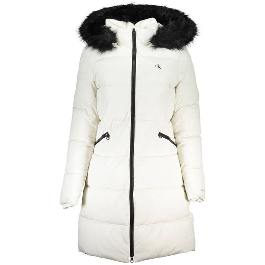 Calvin Klein White Polyester Long Sleeve Jacket with Removable Fur Hood