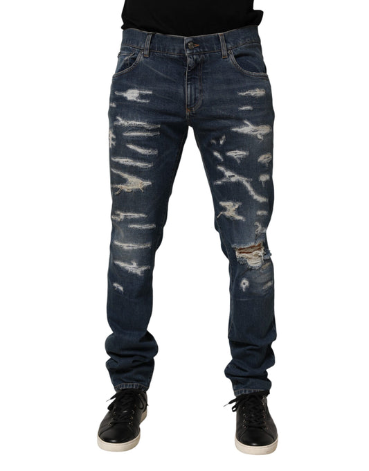 Dolce & Gabbana Blue Tattered Cotton Skinny Jeans for Men