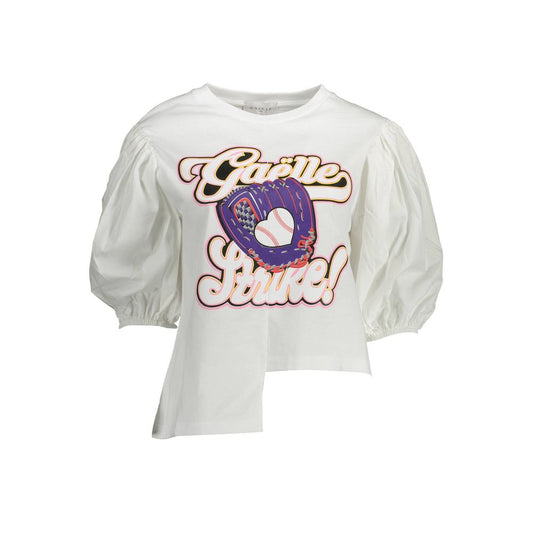 Gaëlle Paris White Cotton T-Shirt with 3/4 Balloon Sleeves
