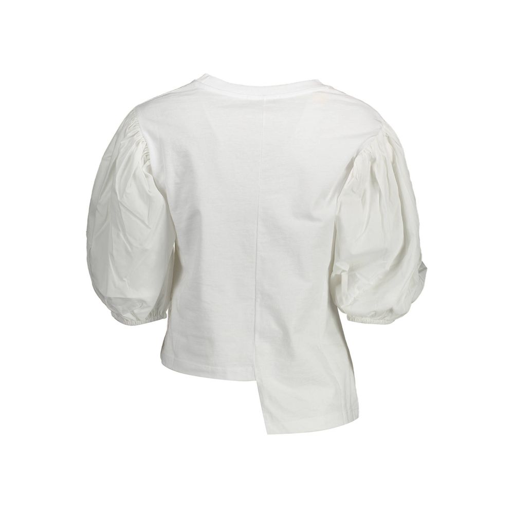 Gaëlle Paris White Cotton T-Shirt with 3/4 Balloon Sleeves