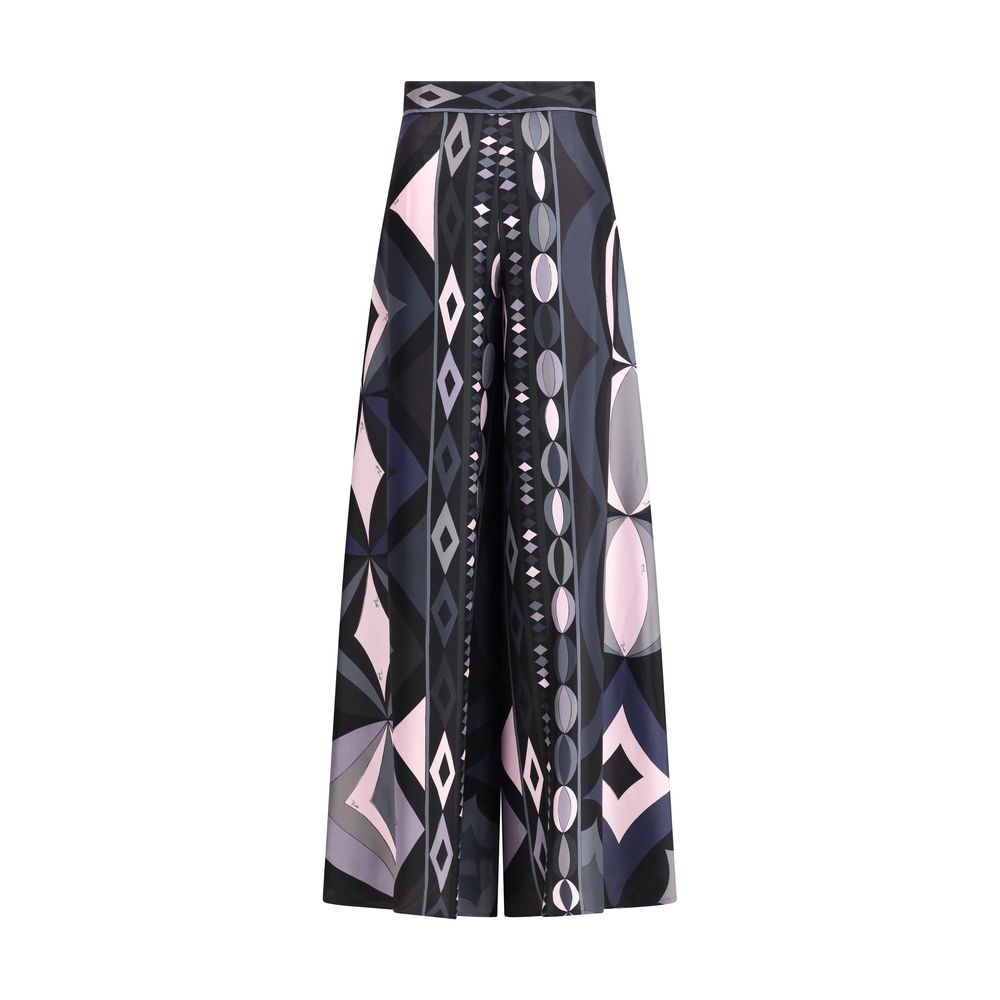 Emilio Pucci Black Silk Wide Leg All Over Print Pants