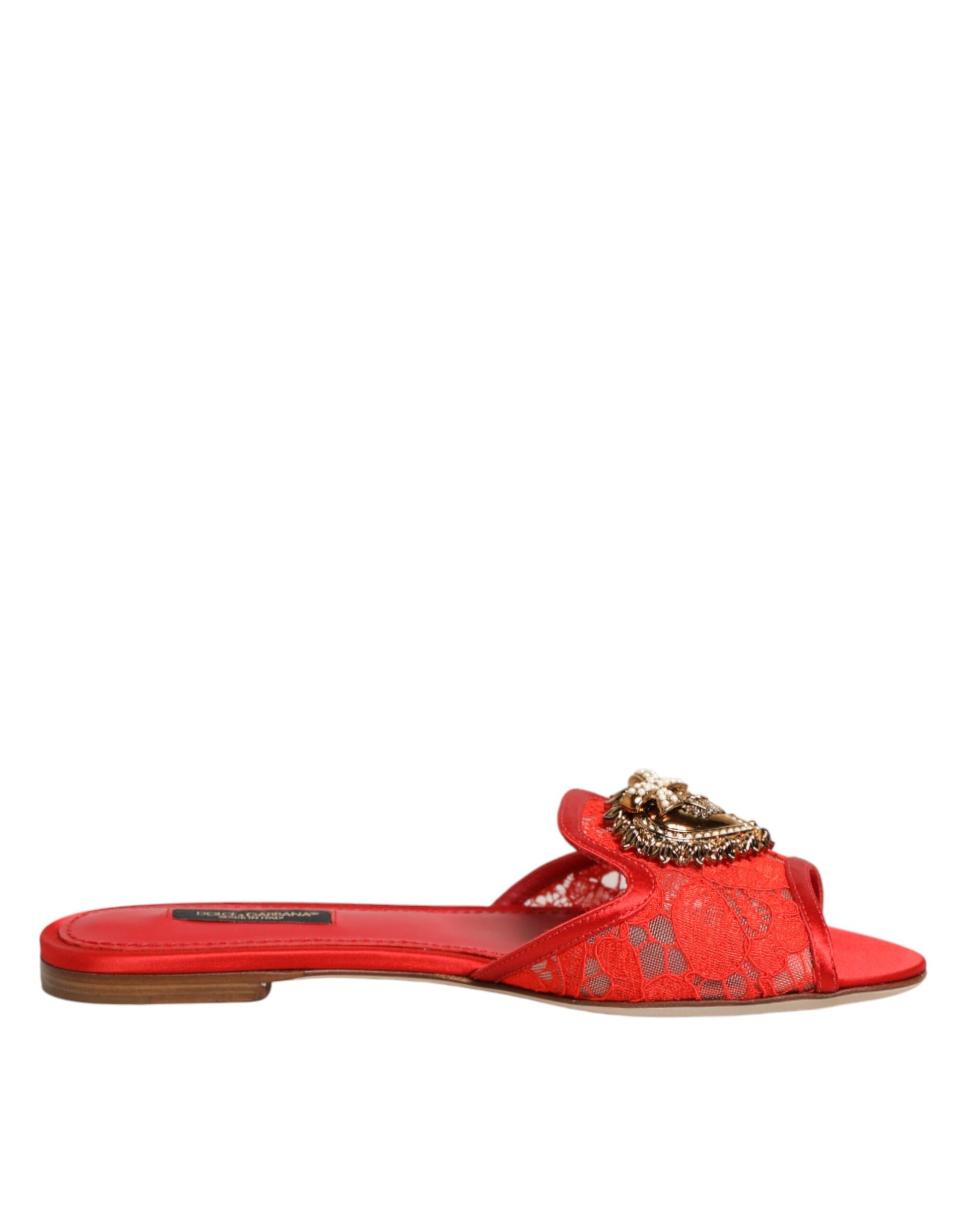 Dolce & Gabbana Red Devotion Lace Flats Slip On Sandals Shoes