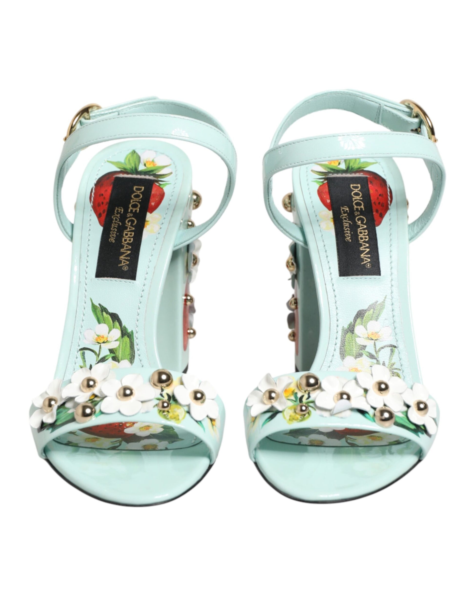 Dolce & Gabbana Mint Green Floral Studs Heels Sandals
