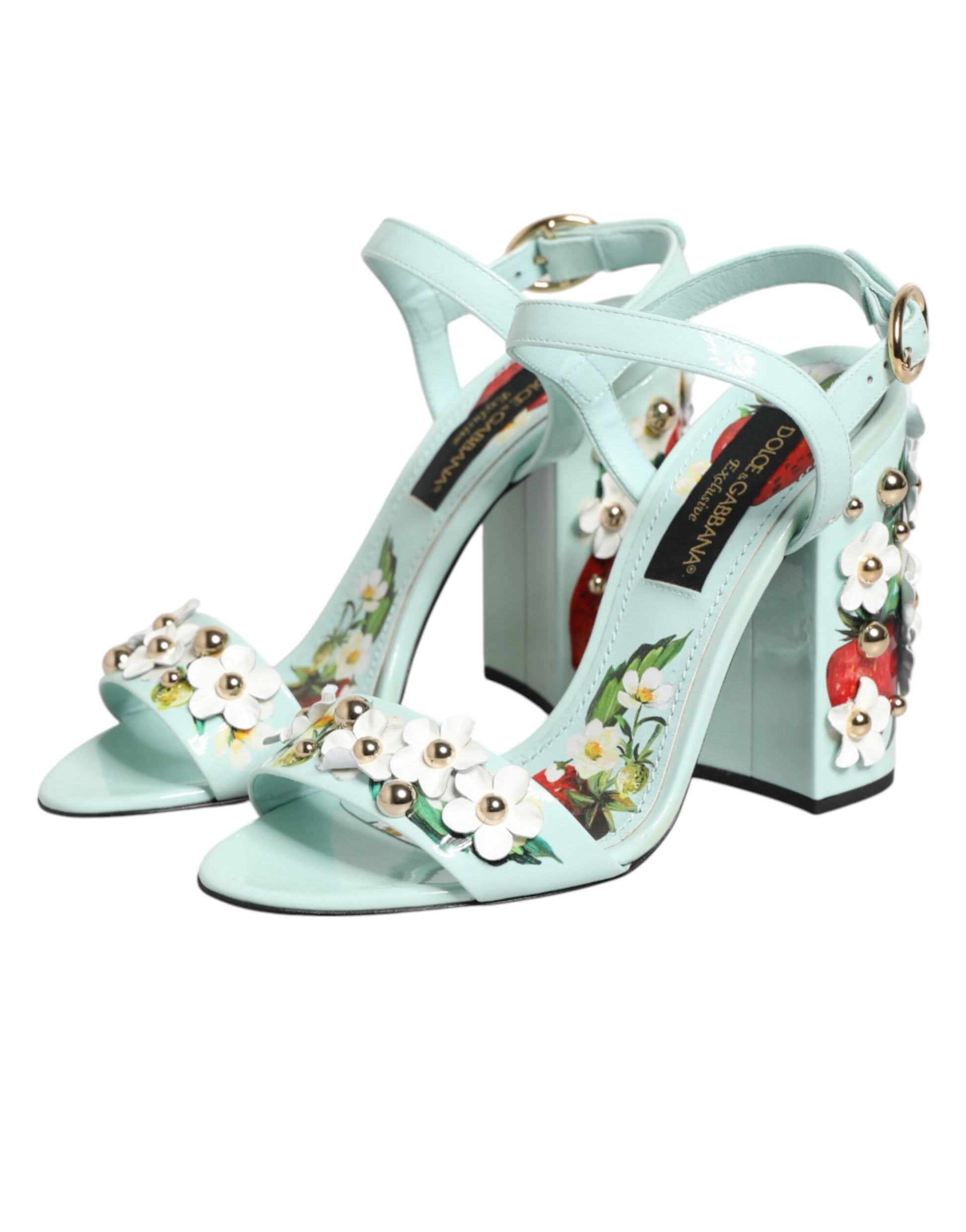 Dolce & Gabbana Mint Green Floral Studs Heels Sandals