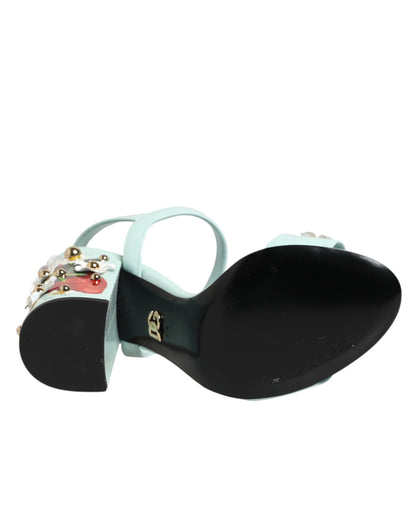 Dolce & Gabbana Mint Green Floral Studs Heels Sandals
