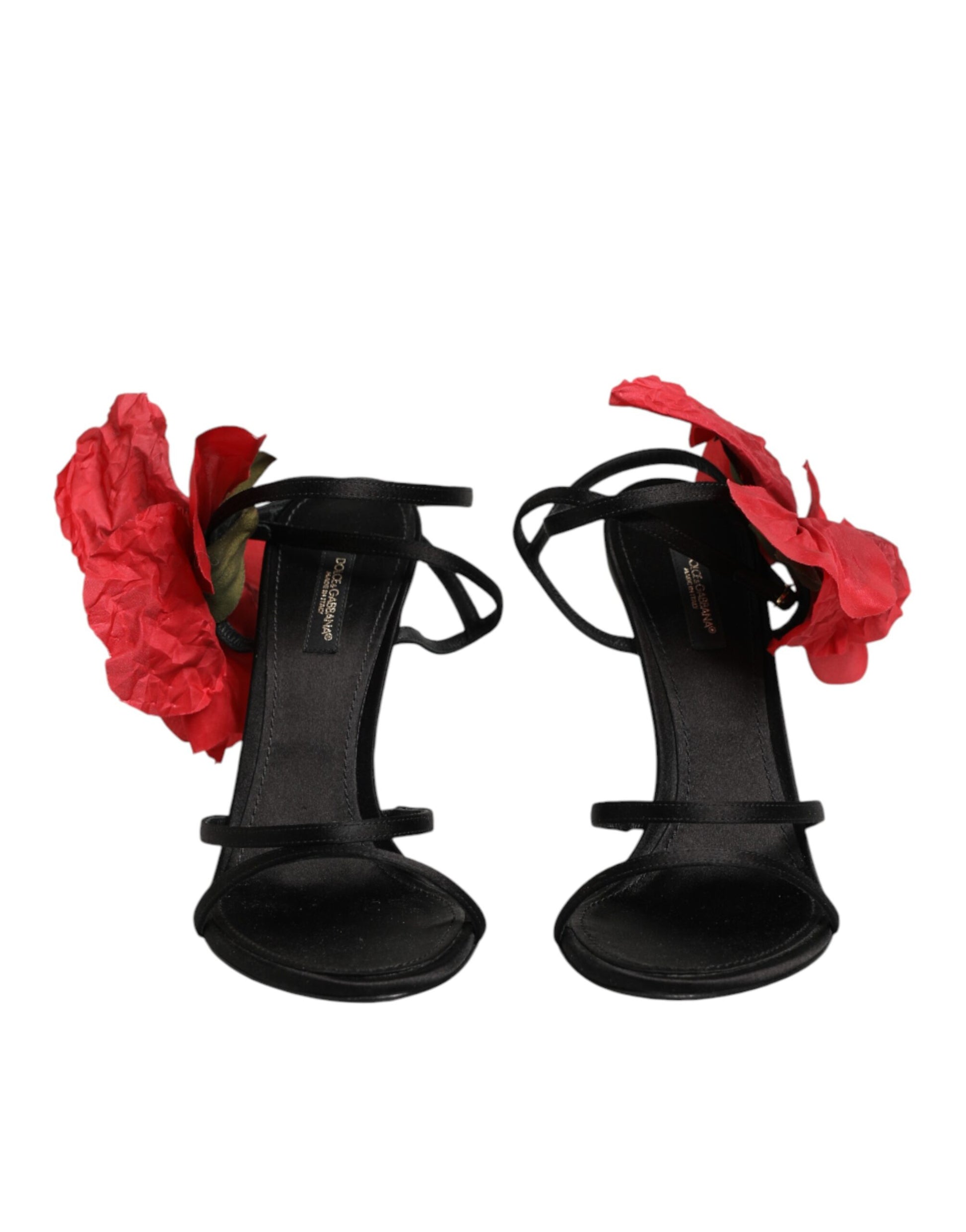 Dolce & Gabbana Black Leather Strappy Flower Heels Sandals