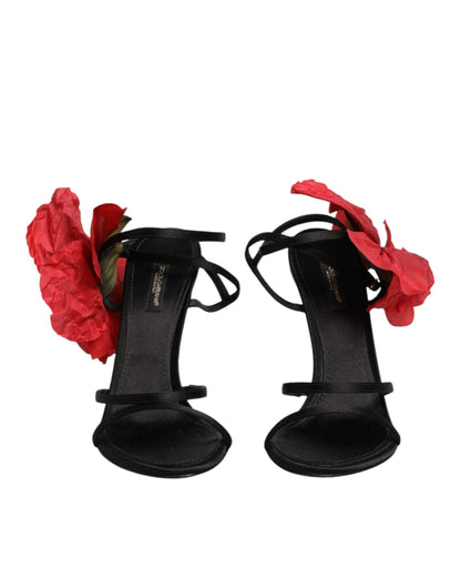Dolce & Gabbana Black Leather Strappy Flower Heels Sandals