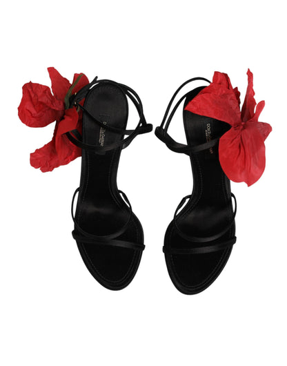 Dolce & Gabbana Black Leather Strappy Flower Heels Sandals