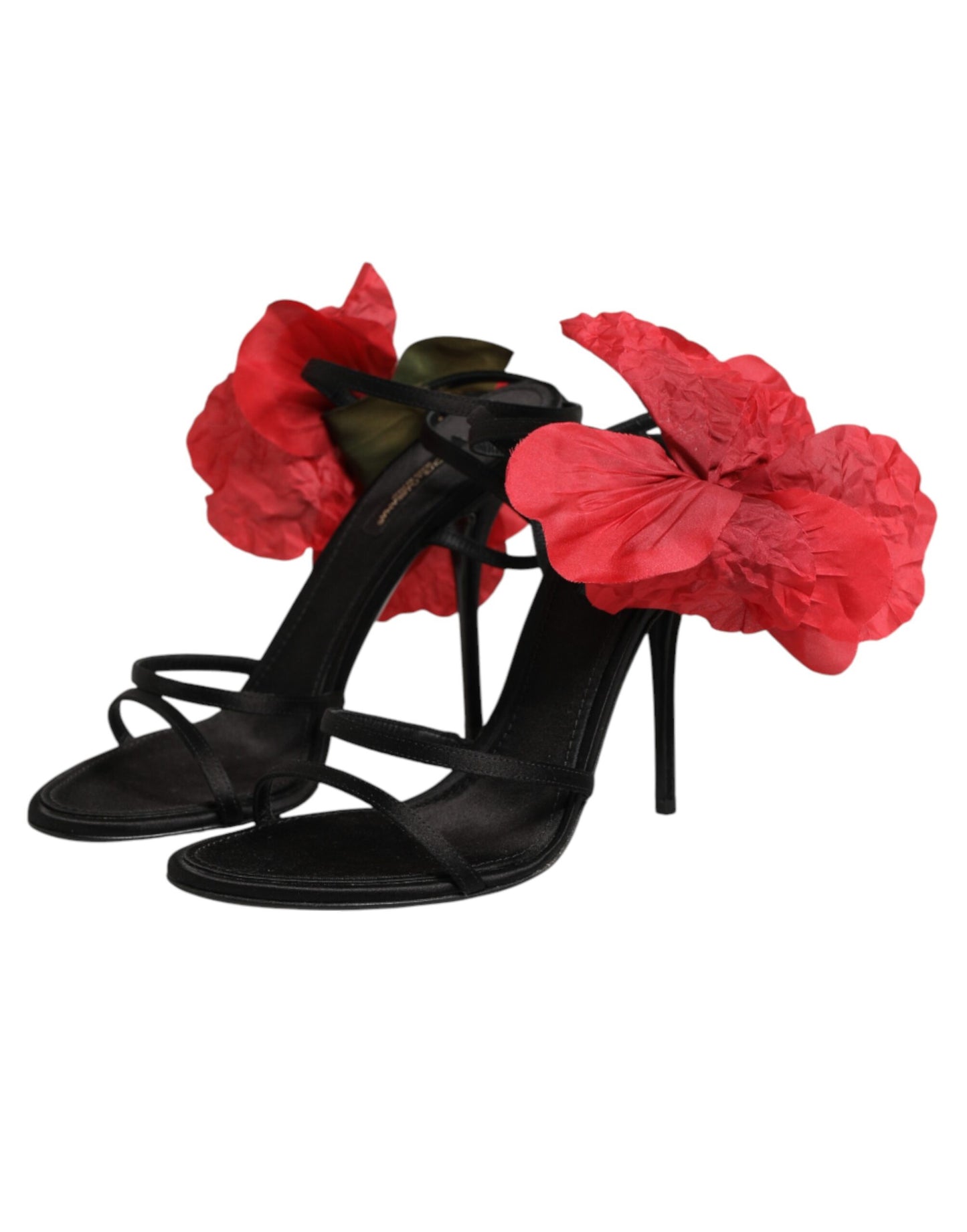Dolce & Gabbana Black Leather Strappy Flower Heels Sandals