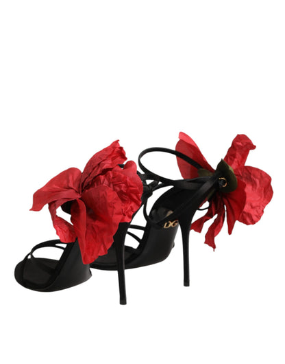 Dolce & Gabbana Black Leather Strappy Flower Heels Sandals