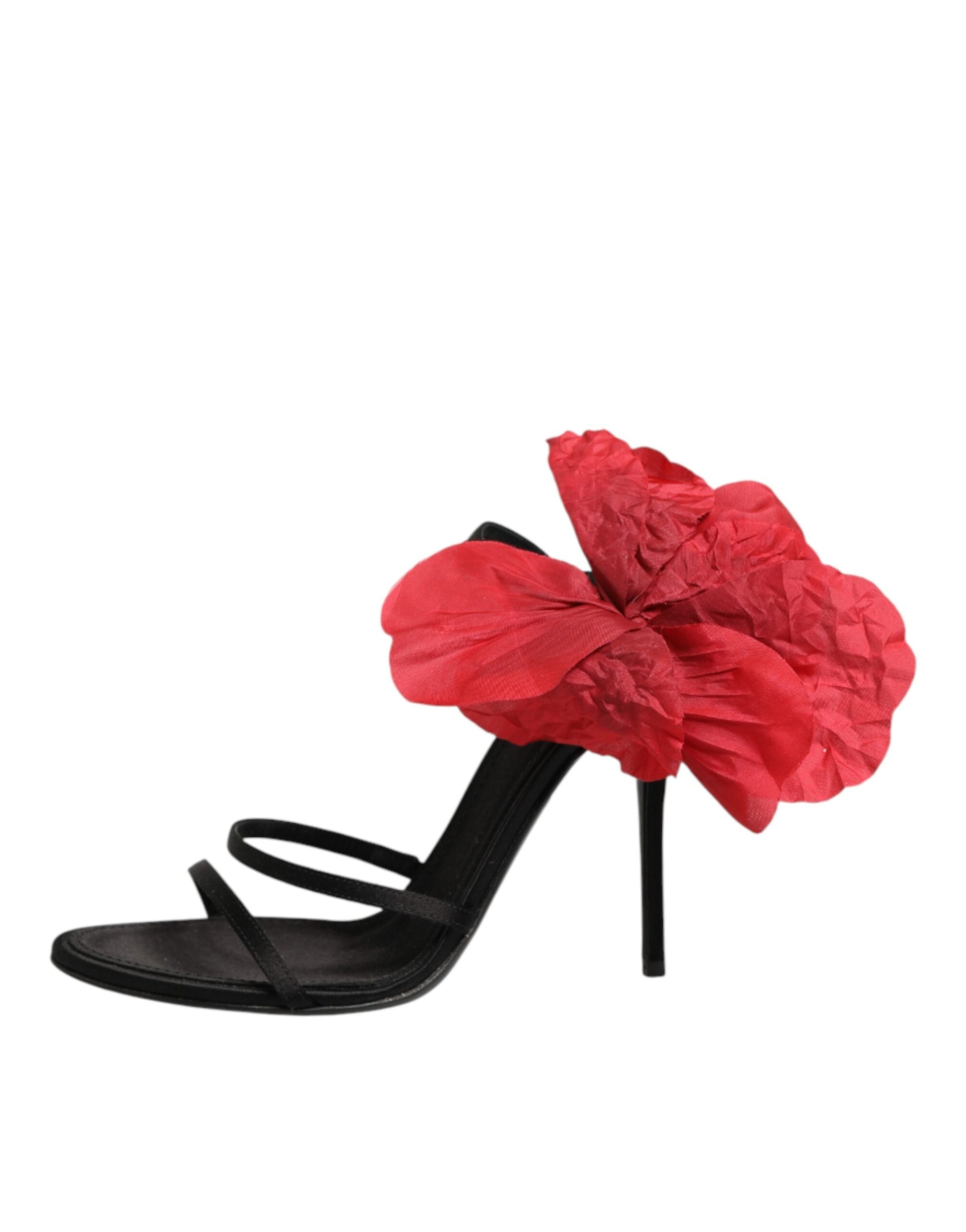 Dolce & Gabbana Black Leather Strappy Flower Heels Sandals