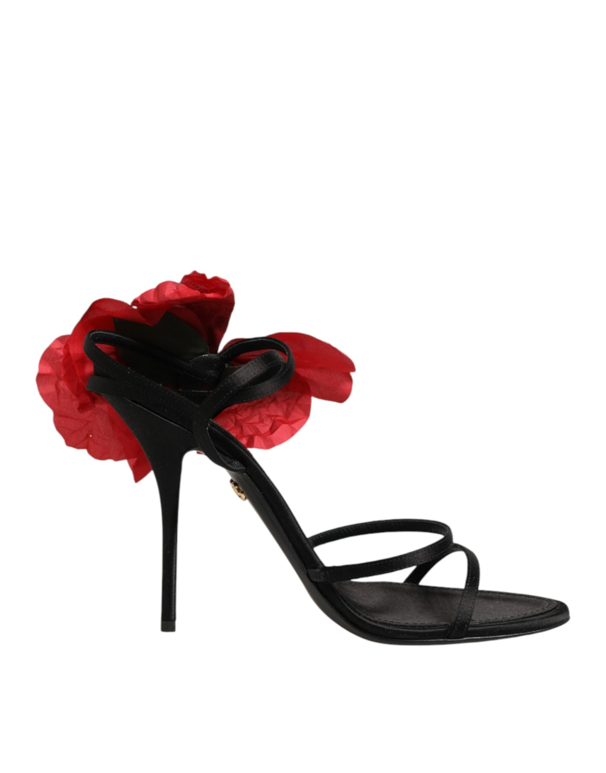 Dolce & Gabbana Black Leather Strappy Flower Heels Sandals