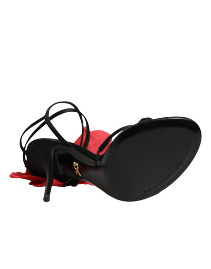 Dolce & Gabbana Black Leather Strappy Flower Heels Sandals