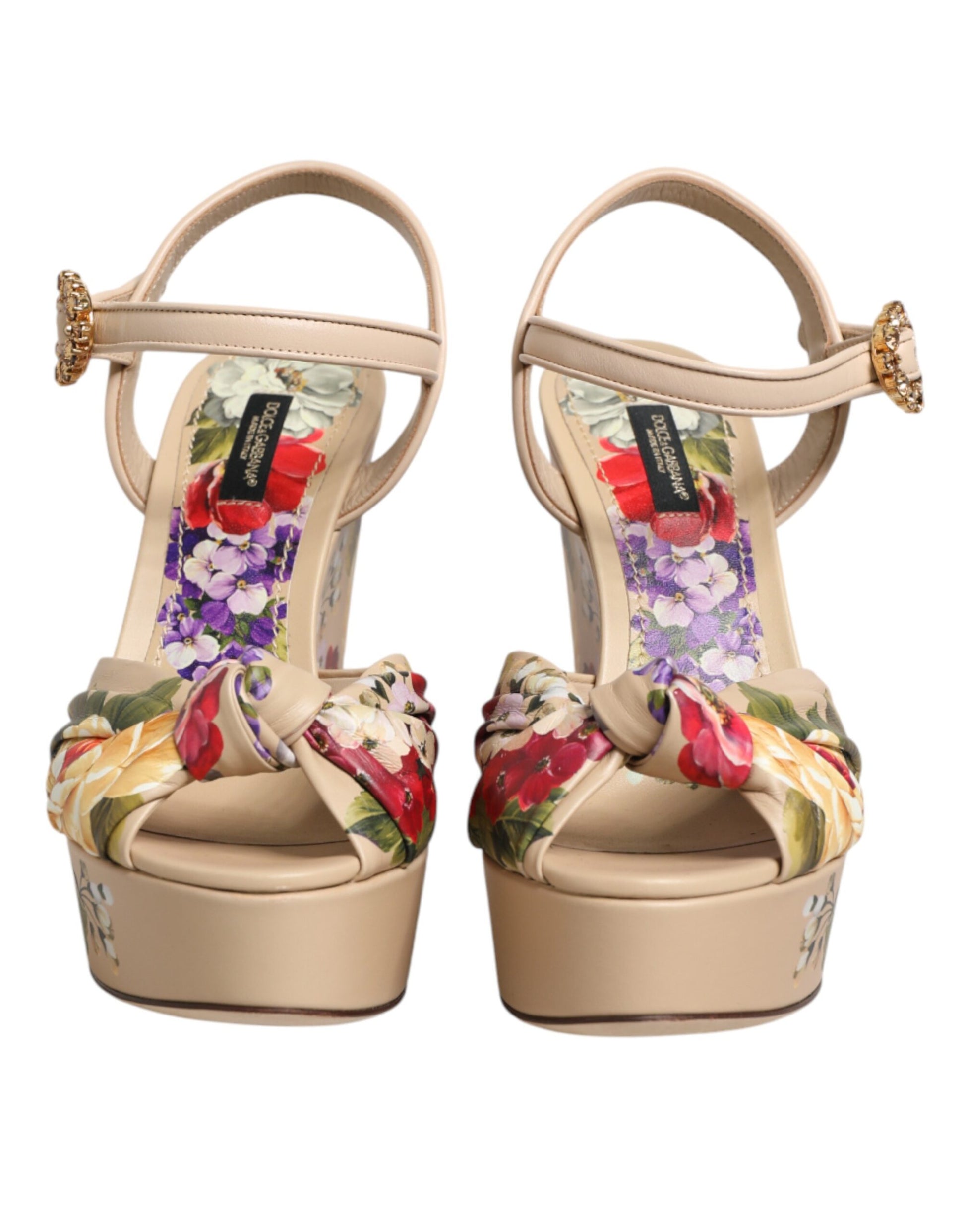 Dolce & Gabbana Beige Floral Ankle Strap Wedge Sandals