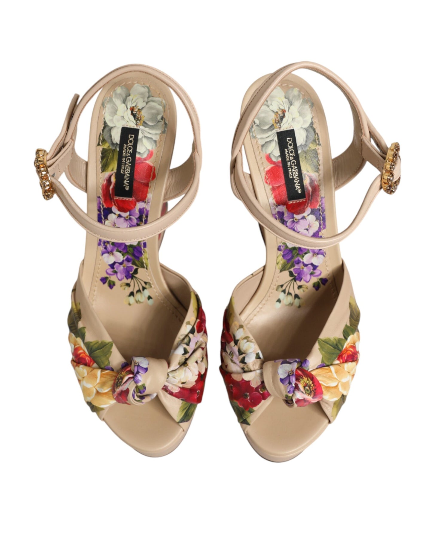 Dolce & Gabbana Beige Floral Ankle Strap Wedge Sandals
