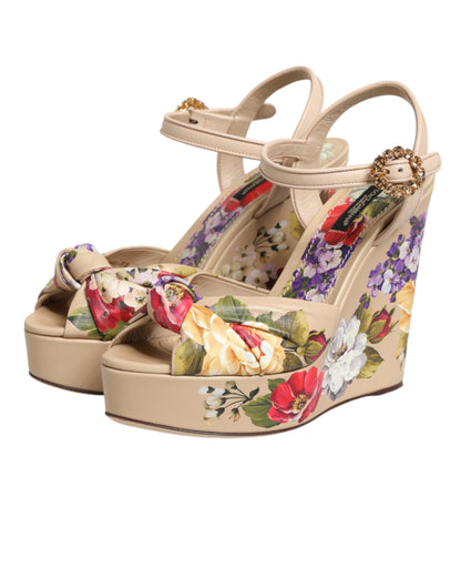 Dolce & Gabbana Beige Floral Ankle Strap Wedge Sandals