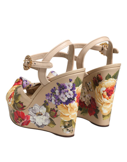 Dolce & Gabbana Beige Floral Ankle Strap Wedge Sandals