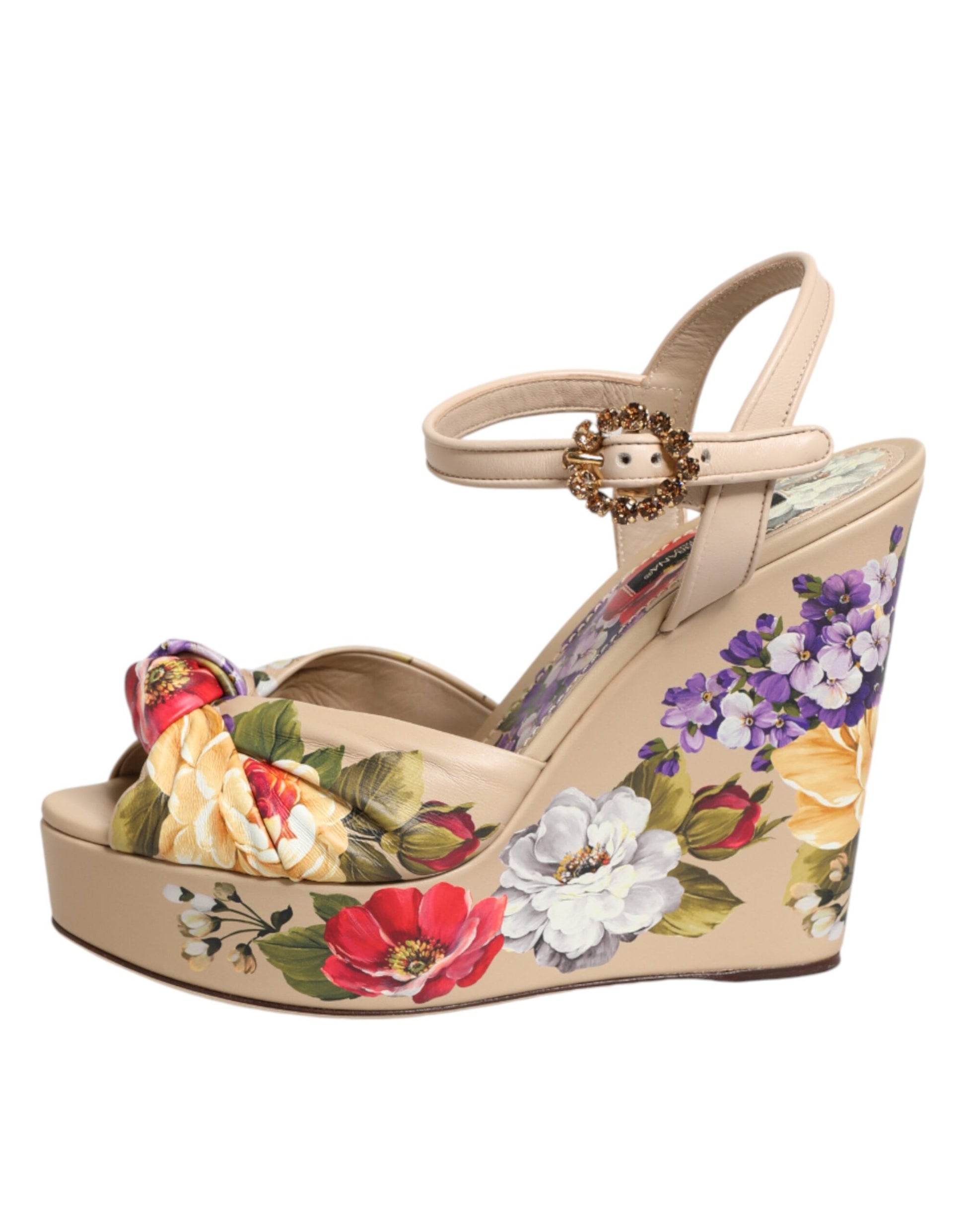 Dolce & Gabbana Beige Floral Ankle Strap Wedge Sandals